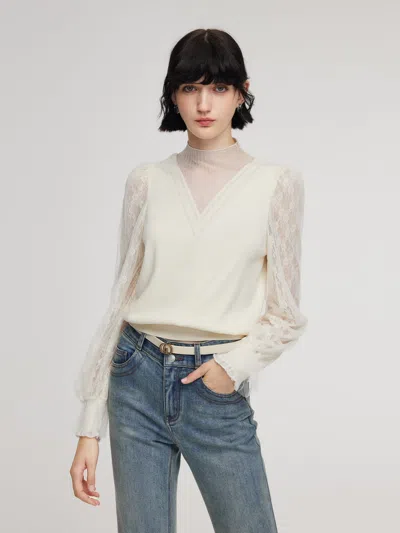 Goelia Tencel Wool Blend Lace Patchwork Women Knit Top In Multi