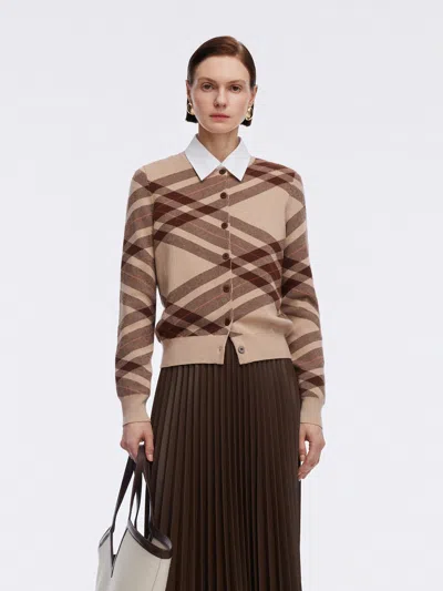 Goelia Tencel Wool Blend Plaid Women Cardigan In Brown
