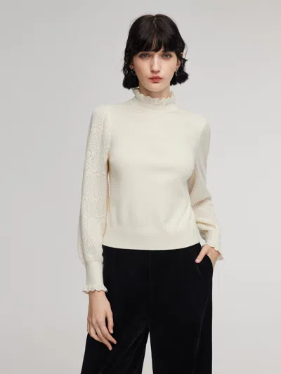 Goelia Tencel Wool Blend Ruffle Neck Women Sweater In White