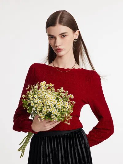 Goelia Tencel Wool Blend Wave Cut Collar Women Sweater In Red