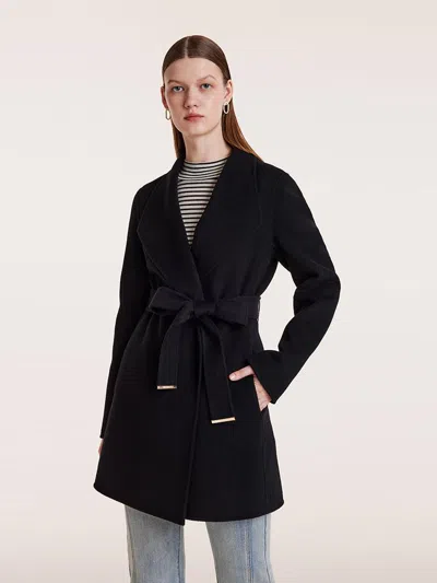 Goelia Tencel Wool Notched Lapel Mid-length Coat With Belt In Black