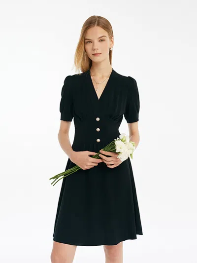 Goelia Tencel-acetate Blend V-neck Gathered Waist Women Mini Dress In Black