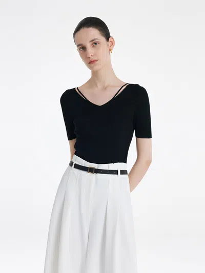 Goelia Tencel-silk Blend Cut-out Neck Women Knitted Top In Black