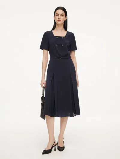 Goelia Triacetate Blend Square Neck Women Midi Dress With Belt In Black
