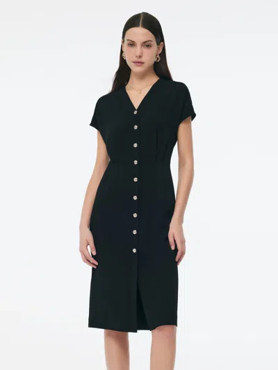 Goelia Triacetate Blend V-neck Women Gathered Waist Midi Dress In Black