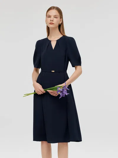 Goelia Triacetate Cut-out Neck Women Midi Dress With Belt In Blue