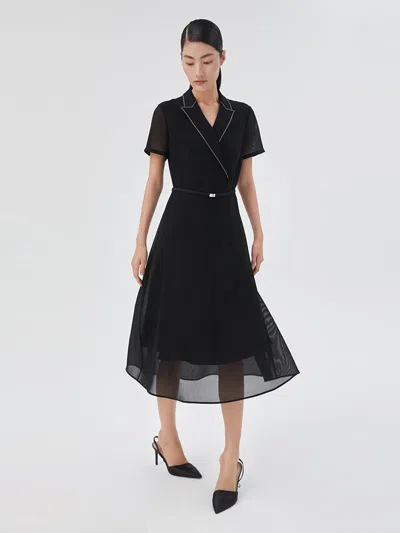 Goelia Triacetate Mesh Gathered Waist Midi Dress In Black
