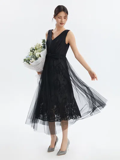 Goelia Triacetate V-neck Gathered Waist Midi Dress In Black