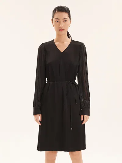 Goelia Triacetate V-neck Long Sleeve Midi Dress In Black
