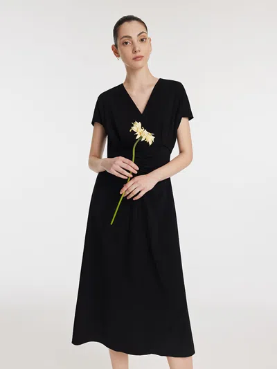 Goelia Triacetate V-neck Ruched Women Midi Dress In Black