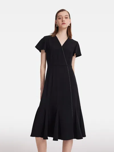 Goelia Triacetate V-neck Ruffle Women Midi Dress In Black