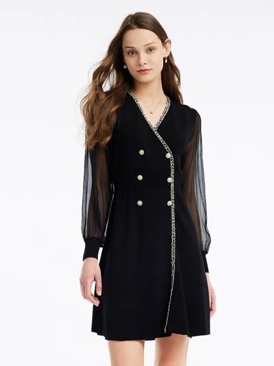 Goelia Tulle Sleeve V-neck Double-breasted Mini Dress In Black