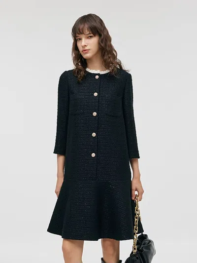 Goelia Tweed A-line Ruffle Collared Women Midi Dress In Blue