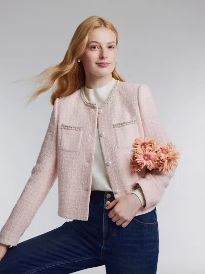 Goelia Tweed Beaded Neck Women Cropped Jacket In Pink