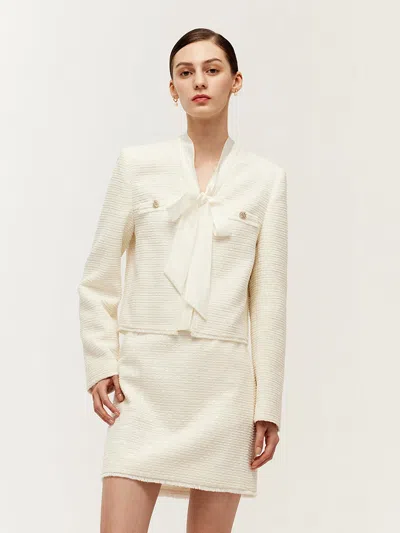 Goelia Tweed Bow Tie Neck Jacket And Mini Skirt Two-piece Set In White