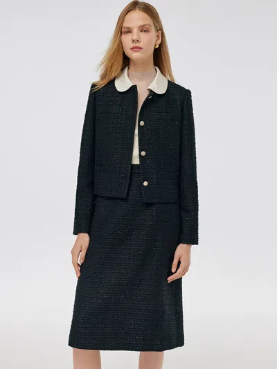 Goelia Tweed Crop Jacket And A-line Skirt Two-piece Set With Detachable Contrast Collar In Black