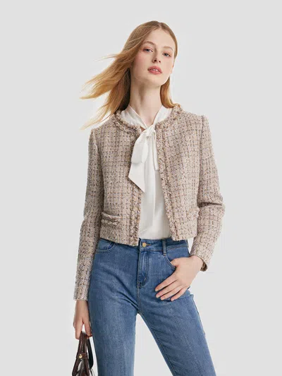 Goelia Tweed Frayed Women Crop Jacket In Brown