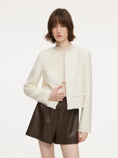 Goelia Tweed Round Neck Frayed Hem Women Cropped Jacket In Neutral