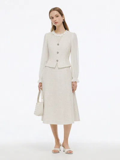 Goelia Tweed Sequins Pleated Sleeves Women Maxi Dress In White
