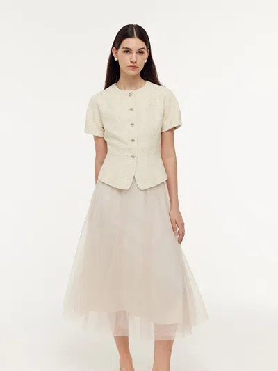 Goelia Tweed Sequins Short Sleeve Jacket And Mesh Skirt Two-piece Set In Neutral