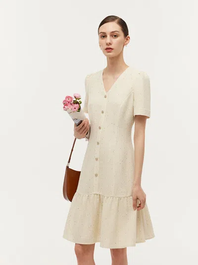 Goelia Tweed Sequins V-neck Ruffle Hem Women Mini Dress In Neutral