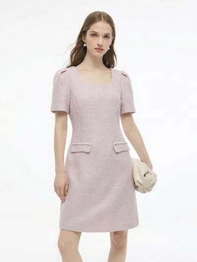 Goelia Tweed Square Neck Women Mini Dress In Pink