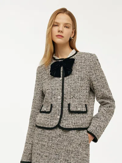 Goelia Tweed Women Crop Jacket With Detachable Bowknot In Gray