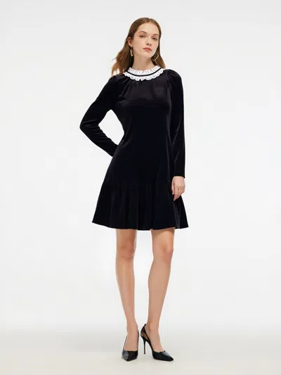 Goelia Velvet Ruffle Round Neck Women Mini Dress In Black