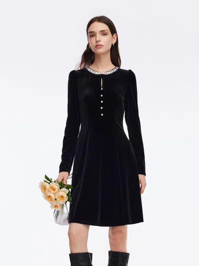 Goelia Velvet Sequined Round Neck Women Mini Dress In Black