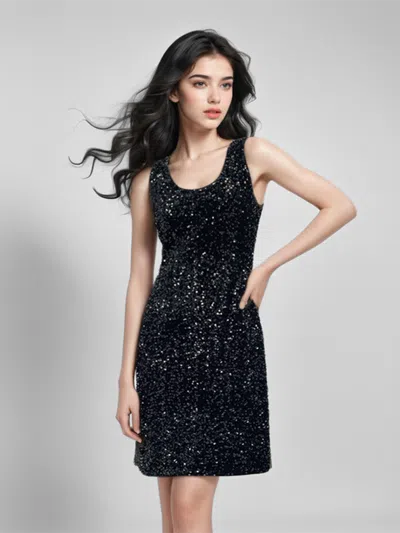 Goelia Velvet Sequins Women Mini Vest Dress In Black
