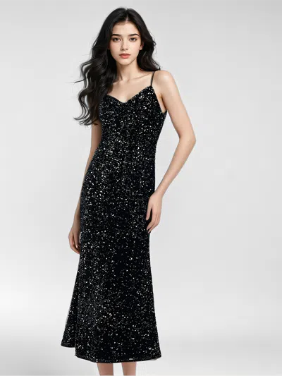 Goelia Velvet Sequins Women Strap Midi Dress In Black