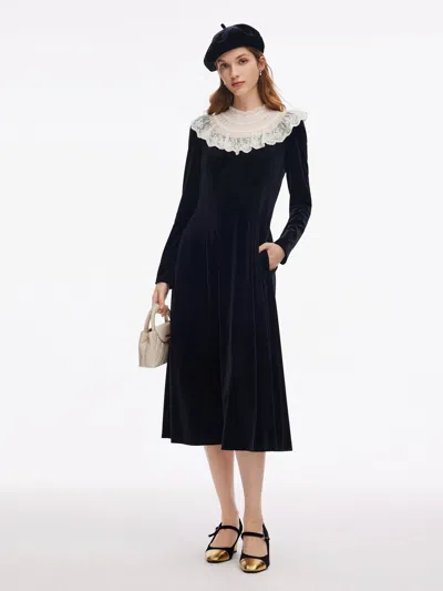 Goelia Velvet Sheer Lace Collar Women Midi Dress With Beret In Black