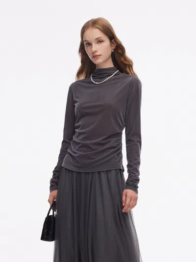 Goelia Velvet Stretch Women Mock Neck Top In Gray