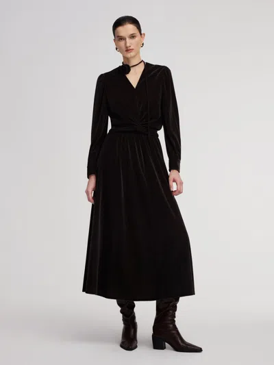 Goelia Velvet Twist Front Knit Top And Skirt Two-piece Set With Floral Ribbon In Brown