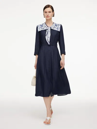 Goelia V-neck Belted Women Maxi Dress With Detachable Floral Print Silk Collar In Blue