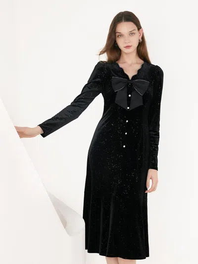 Goelia V-neck Detachable Bowknot Velvet Midi Dress In Black