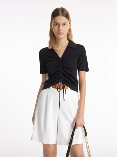 Goelia V-neck Drawstring Lapel Knitted Women Top In Black