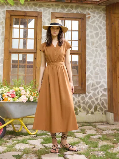Goelia V-neck Gathered Waist Women Maxi Dress In Brown