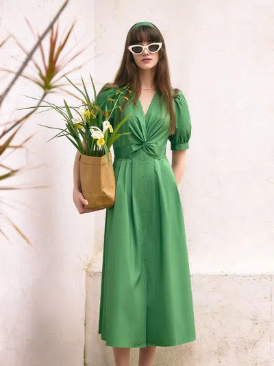 Goelia V-neck Knotted Women Midi Dress In Green