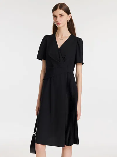 Goelia V-neck Patchwork Pleated Women Mini Dress In Black