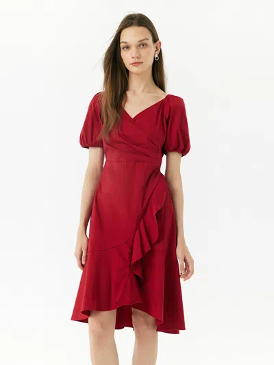 Goelia V-neck Ruffle Cotton Midi Dress In Red