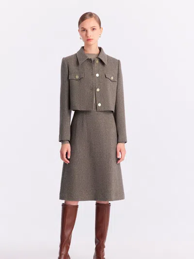 Goelia Washable Wool Crop Jacket And Skirt And Sweater Three-piece Suit In Brown