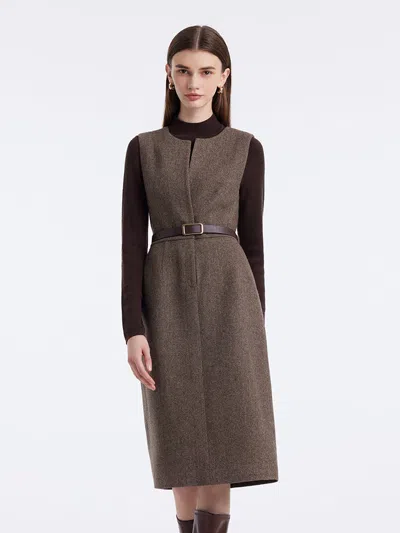 Goelia Washable Wool Vest Dress And Knitted Sweater Two-piece Set With Belt In Brown