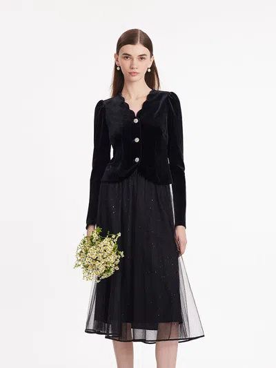 Goelia Wave Cut V-neck Velvet Top And Tulle Skirt Two-piece Set In Black