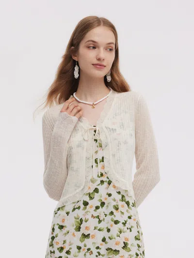 Goelia Wavy Trim Tie Front Women Cardigan In White