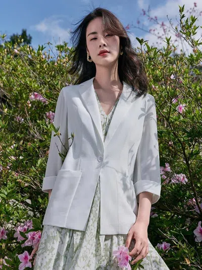 Goelia White Triacetate Three Quarter Sleeve Slim Women Blazer