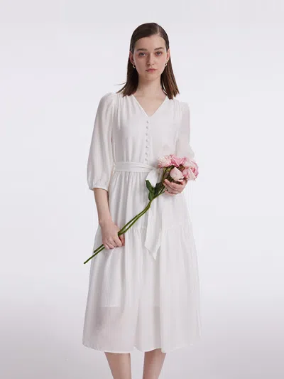 Goelia White V-neck Gathered Waist Midi Dress