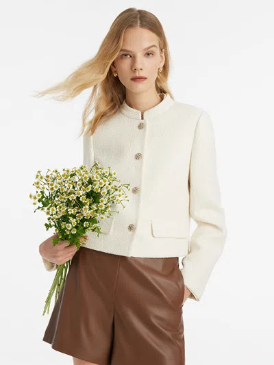 Goelia Women's Wool Blend Stand Collar Single-breasted Women Jacket For Work And Daily In White