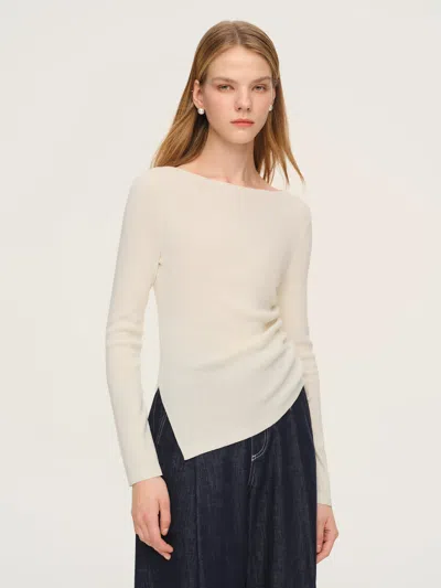 Goelia Wool Acetate Blend Boat Neck Side Drawstring Women Knit Top In White