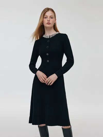 Goelia Wool Blend Beaded Neck Women Midi Dress In Black